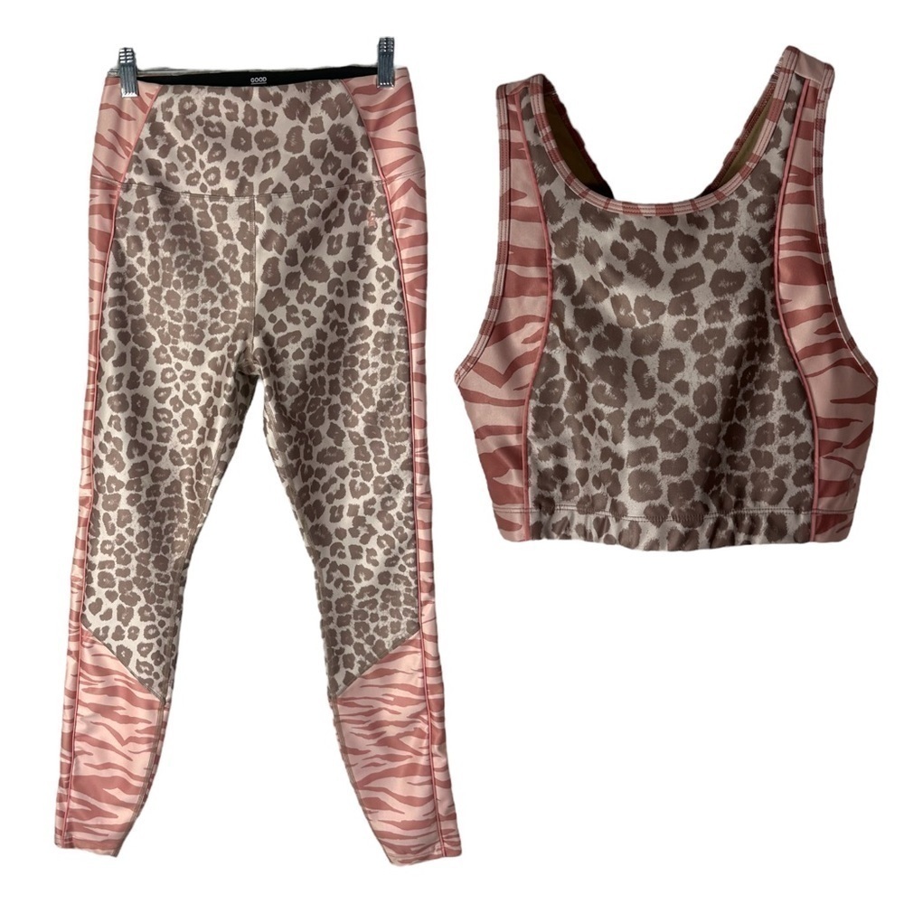 Good American Pink Electric Feel Legging & Bra 2 pc Set Leopard Print SZ 3 L